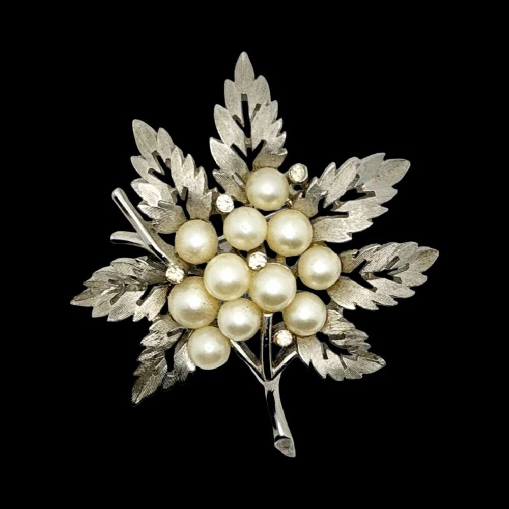 Vintage Crown Trifari Silver-Tone Faux Pearl Rhinestone Leaf Cluster Brooch